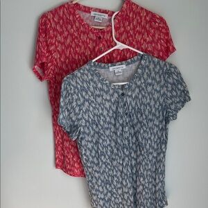2 Liz Claiborne Short Sleeve Henley Tops - Red and Blue pattern lightweight